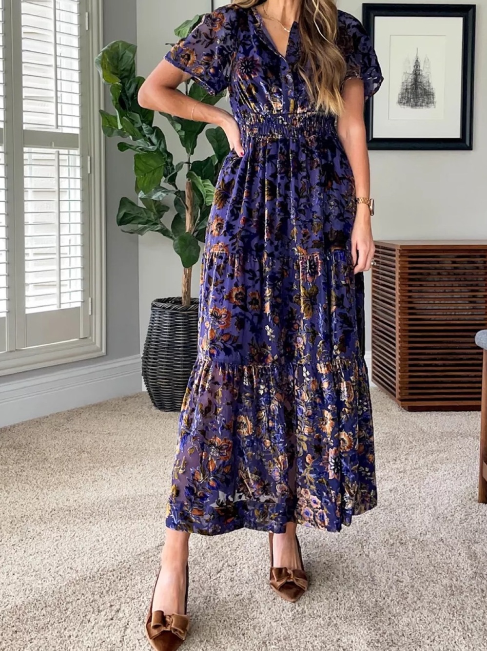 Anthropologie Somerset Tiered Maxi Dress with Gold Accents SM Velvet Edition